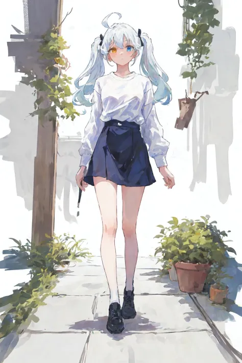 (best quality, masterpiece), 1girl, (female focus), ahoge, white blue hair, ((white shirt), (overfit shrit)), long hair, standin...