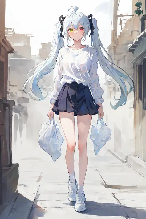 (best quality, masterpiece), 1girl, (female focus), ahoge, white blue hair, ((white shirt), (overfit shrit)), long hair, standin...