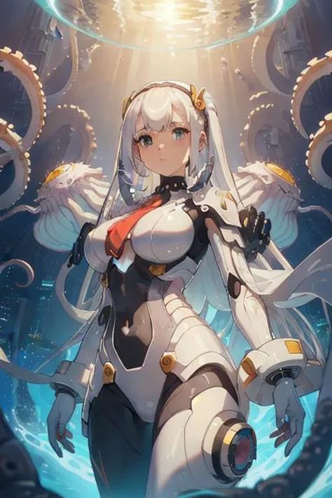 (1girl:1.3),(masterpiece,top quality,best quality,official art,beautiful and aesthetic:1.2),octopus white armor cyber girl,(transparent:1.3),elegant,long white hair,(translucency:1.3),cutting-edge design,hyper detail,ultra detail,volumetric light,(huge mechanism octopus monster:1.2) in background,cinematic light,BiopunkAI,brilliance,mucus,wet,look at viewer,wires and cables attaching to neck,wires and cables on head,character focus,science fiction,<lora:epiNoiseoffset_v2:1>,<lora:octopus mecha:0.75>,<lora:alienskin:0.2>,