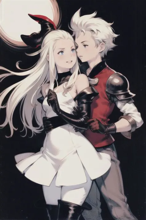 1 chico, 1 chica, beso feliz, abrazando, ringabel, anazel d, Edea Lee, Arco rojo, camisa roja, guantes negros, falda blindada, pantimedias blancas, botas hasta el muslo, yoshida akihiko, Estilo valientemente predeterminado, el chico tiene el pelo blanco, el niño tiene una camisa azul, ringabel and Edea Lee abrazando, besar la mejilla, Edea Lee beso feliz ringabel