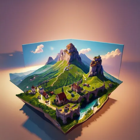 a picture of a 3d image of a small town on a mountain