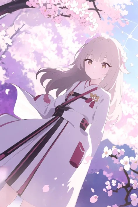 anime girl in white dress standing under a tree with pink flowers