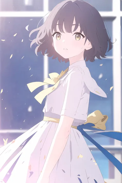 anime girl in white dress with blue ribbon and yellow bow