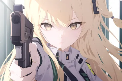 (best quality, masterpiece, highres),1girl,solo,blonde hair,long hair,head out of frame,handgun,holding gun,aiming at viewer,
<lora:BX_Blue Archive style_v1.08:1>,