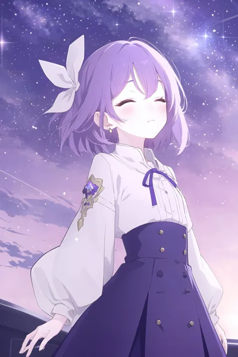(best quality, masterpiece, highres),1girl,solo,purple hair,short hair,hair ribbon,earrings,blush,closed eyes,purple sky,starry sky,cowboy shot,(looking up:0.8),
<lora:BX_Blue Archive style_v1.08:1>,
