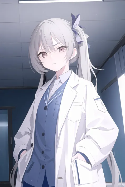 (best quality, masterpiece, highres),1girl,solo,bangs,grey hair,twintails,hair ribbon,frown,labcoat,hand in pocket,ceiling,looking at viewer,dynamic_angle,
<lora:BX_Blue Archive style_v1.08:1>,