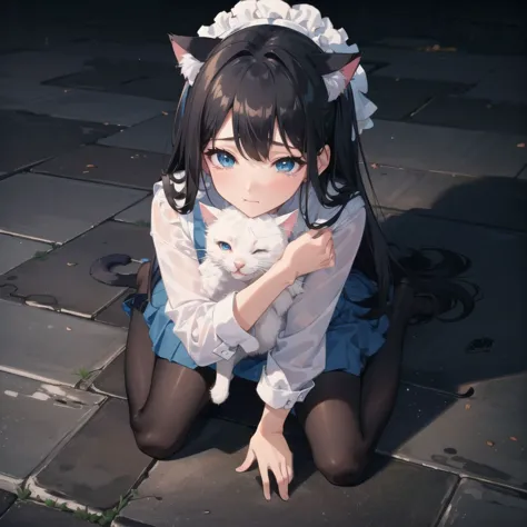 anime girl with black hair and blue eyes holding a white cat