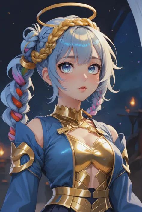 anime digital painting, cute, 1girl, woman, (metallic Halloween:1.3) angel, [:creative, seductive costume design,:0.2], bombshell hair, slate blue hair with multicolor highlights, Twisted Crown Braid, gold clothes, average figure, caucasian, cosmic,sprawling scifi hamlet at the end of the multiverse<lora:starlight_anime_test_2b:1>