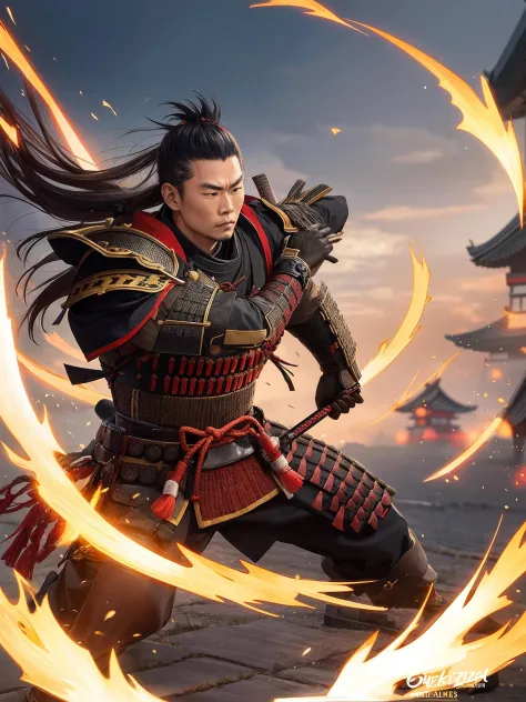 Visualize a powerful samurai in the midst of an important historical moment, displaying their skill and bravery as they make a decisive move that will change the course of history