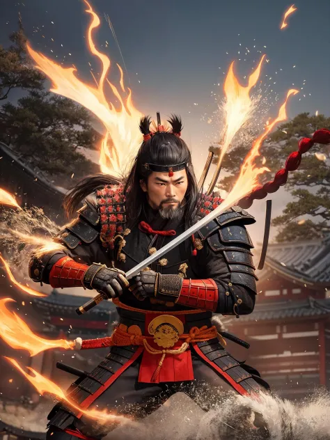 visualize a powerful samurai in the midst of an important historical moment, displaying their skill and bravery as they make a d...