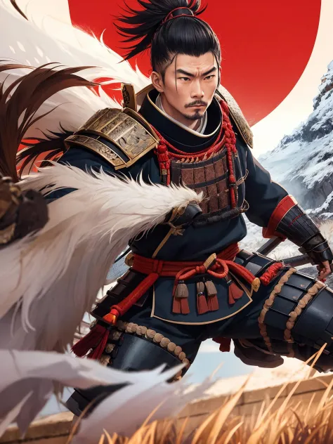 Visualize a powerful samurai in the midst of an important historical moment, displaying their skill and bravery as they make a d...