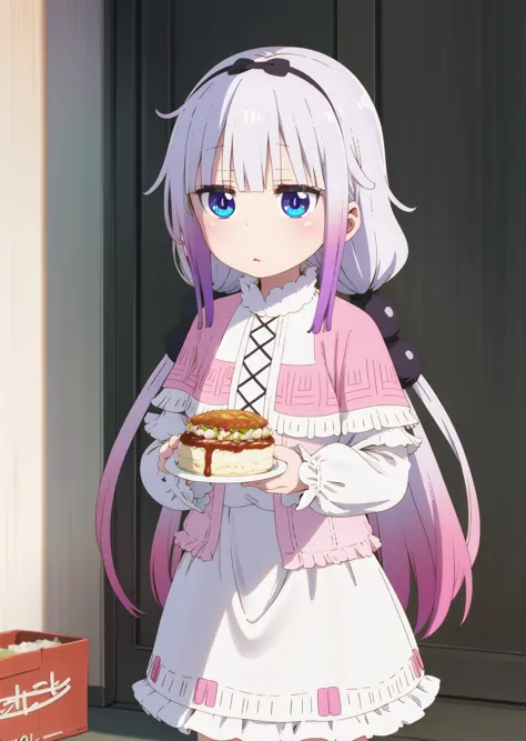 anime girl holding a plate of food in front of a door