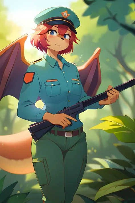 a woman in uniform holding a rifle in a forest