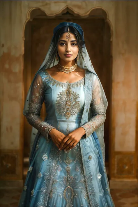 a woman in a blue dress and veil standing in a room