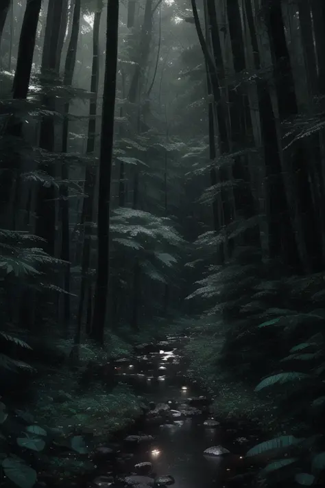 Une forêt dense au milieu d’une forte averse nocturne, avec des gouttes de pluie tombant en cascade sur les arbres et le tonnerre grondant au loin, chef-d&#39;œuvre, Meilleure qualité, Haute qualité, extrêmement détaillé CG unity 8k wallpaper, peinture à l&#39;huile, photographie primée, bokeh, profondeur de champ, HDR, floraison, aberration chromatique ,Photoréaliste,extrêmement détaillé, tendance sur artstation, tendance sur CGSociety, complexe, Détails élevés, Spectaculaire, art à mi-parcours, (éclairage volumétrique:1.2)