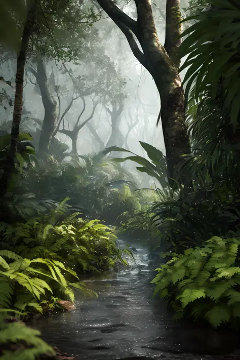 a jungle, with intense rainfall, monochromatic, vines all around, giant and wet trees, masterpiece, best quality, high quality, ...