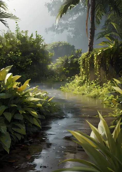 A jungle, with intense rainfall, monochromatic, vines all around, giant and wet trees, masterpiece, best quality, high quality, extremely detailed CG unity 8k wallpaper, oil paiting, award winning photography, Bokeh, Depth of Field, HDR, bloom, Chromatic Aberration ,Photorealistic,extremely detailed, trending on artstation, trending on CGsociety, Intricate, High Detail, dramatic, art by midjourney, volumetric lighting