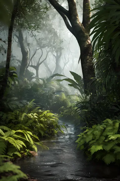 A jungle, with intense rainfall, monochromatic, vines all around, giant and wet trees, masterpiece, best quality, high quality, ...