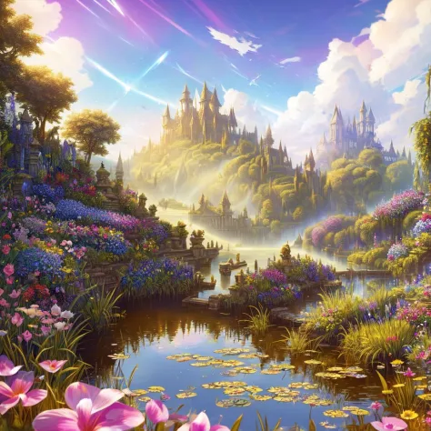 artstation style illustration, dark fantasy landscape,  flower petals, lake, hedge in background, reflections, ruins, best quality, masterpiece, lens flare , high contrast, saturated colors, Style-Glorious
