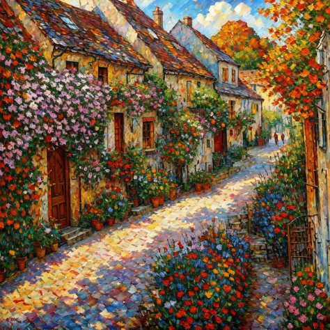 artstation style illustration, exterior, landscape, cosy village,  Style-Autumn, cottages, garden fence, bushes, flowers, grass,...