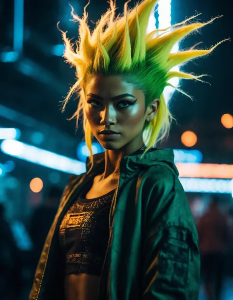 a woman with yellow hair and a green jacket standing in a dark room