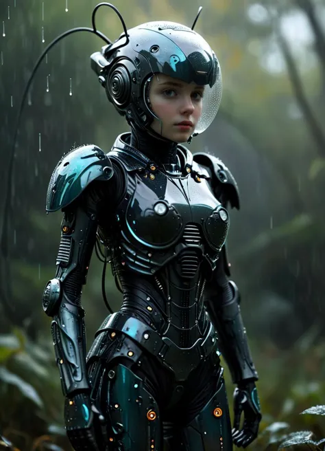 (full body shot) woman with a (robot suit) standing in the light rain, in the style of detailed hyperrealism, 32k uhd, daria end...