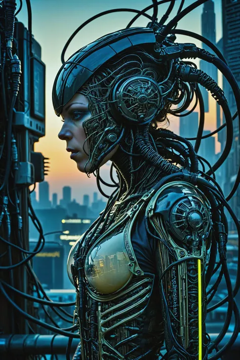cyberpunk woman, cyberpunk cityscape, by aaron Horkey, by HR Giger, cables, wires, hoses, neon sign, (night:1.4) <lora:Exoskelet...