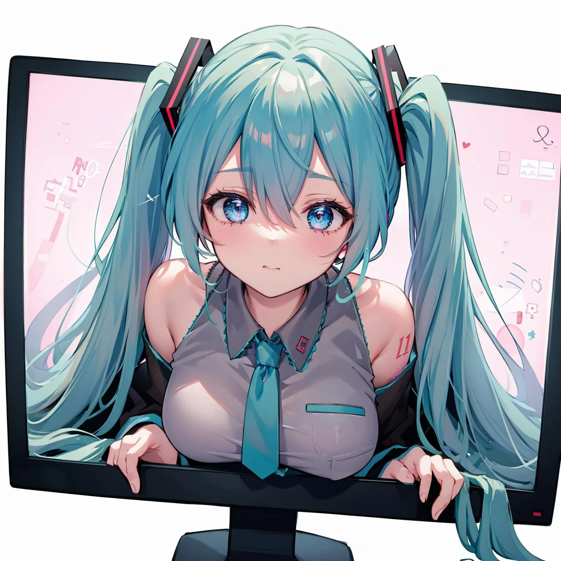 through screen, stuck, monitor,  1girl, breasts,  solo,hatsune miku, looking at viewer, hair between eyes, shirt, very long hair, bangs, , upper body, virtual youtuber,