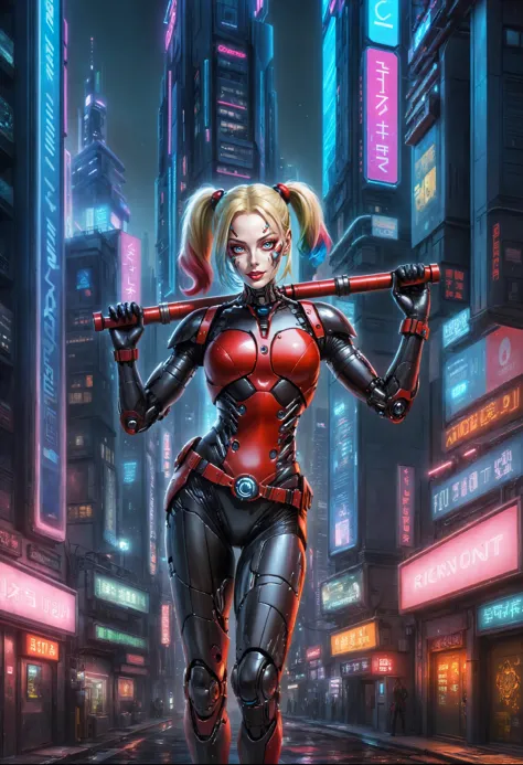 un style biomécanique à couper le souffle (Harley Quinn à l&#39;image d&#39;un cyborg, armure rouge foncé brillante et réfléchissante, acier brillant brillant, technologie de pointe, boucle ronde chromée brillante sur une ceinture:1.2), (Taille épaisse, corps épais:1.2), Élaborer, plein de détails, 
(fond de quartier de la ville cyberpunk, détaillé:1.1), futuriste skyscrapers, enseignes au néon, Étiquettes, vitrines en verre, des portes,, 
minuit, ciel de nuit, Vue du rez-de-chaussée
. mélange d&#39;éléments organiques et mécaniques, futuriste, cybernétique, détaillé, complexe . primé, professionnel, highly détaillé