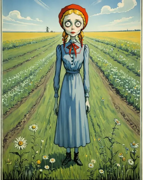 A beautiful woman, standing in a field, farmer, tim burton soviet poster <lora:Soviet-poster:0.4>  <lora:Tim_Burton_Painting_Style_SDXL:1>