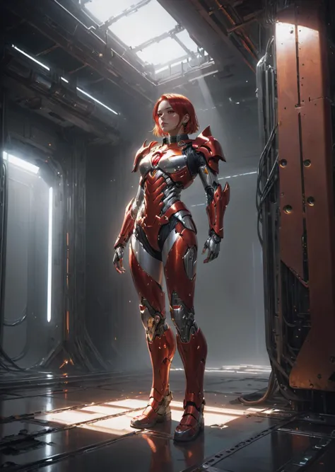 1girl,   full body,
cyborg
connected with mainframe
rusty metal
red armor,
metal collar,
exhausted,
light depth, dramatic atmosp...