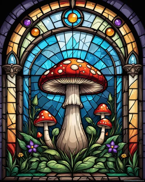 2D Stained Glass window, magical mushroom in window frame. dungeons and dragons art. symmetrical design, in the style of stained...
