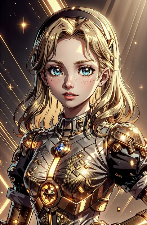 a woman in armor with a gold and blue eyes