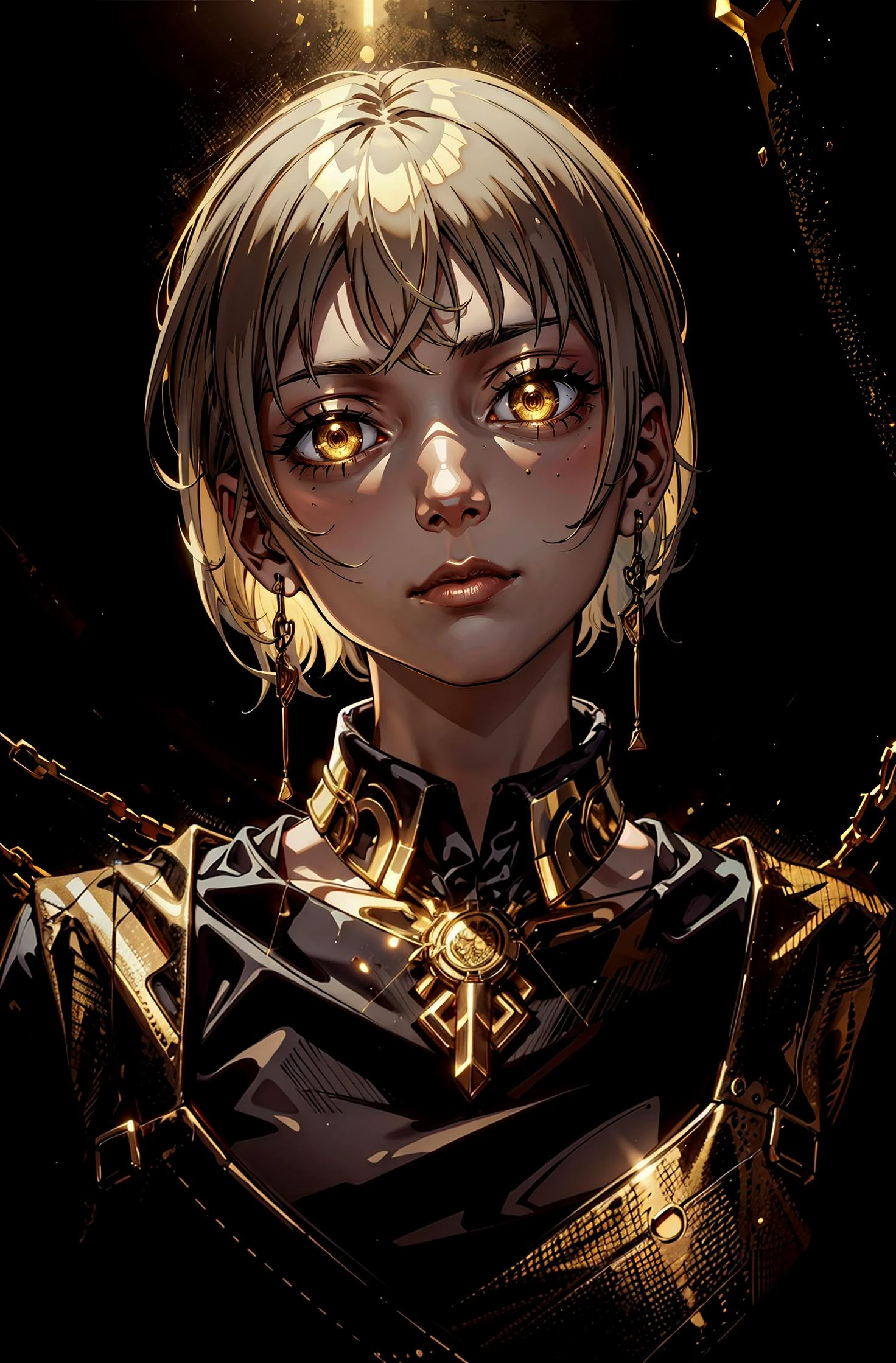 (masterpiece, best quality, detailed), high contrast, (head tilt, closed mouth:1.2), portrait, backlighting, (gold color scheme:1.2), midasmagic, glint, gleam, outline, BREAK 1girl, fami, grey hair, short hair, earrings, expressionless, wide-eyed, (freckles:0.6), golden clothes, BREAK (yellow eyes, glowing eyes:1.2), night, 