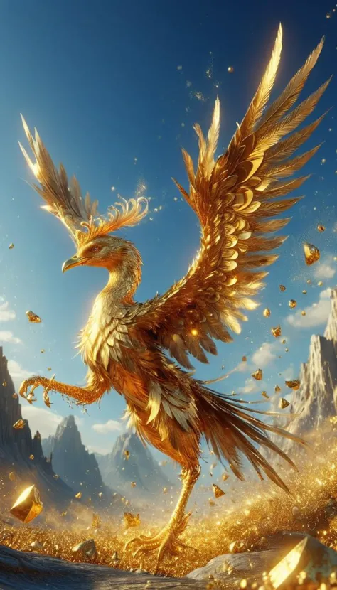 ethereal fantasy concept art of  MidasMagic, giant golden bird soars over the deserted mountainous area, particles of gold scatt...