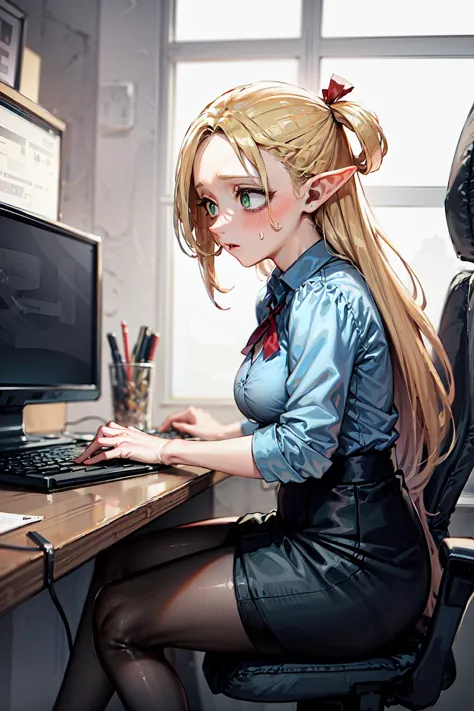 masterpiece,best quality,1girl,solo,medium breasts,wide hips,marcille donato,elf,pointy ears,blonde hair,long hair,twin braids,green eyes,hair ribbon,red ribbon,forehead,((office lady,collared shirt,skirt,black pantyhose)),tired,(bags under eyes:1.2),sweatdrop,sitting,office chair,computer,moniter,energy drink,indoors,office,from side,<lora:Concept-control tool-add_detail-CyberAIchemist:0.3>,<lora:CHAR-Delicious in Dungeon-Marcille Donato-v1-AI_popai:0.7>,<lora:bags under eyes:0.6>,