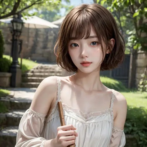 masterpiece, best quality, 8k, super detailed skin, environmental portrait, relieved, cute, 1girl, short hair, wearing nightdres...