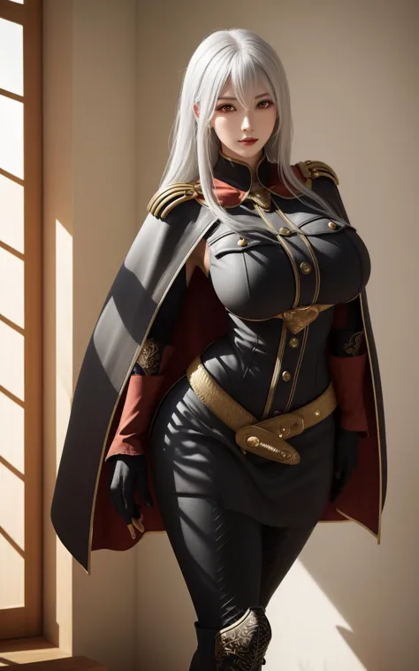 (Masterpiece:1.4), (best quality:1.2), looking at viewer, tall female, sexy pose, naughty face, looking at viewer, abs,
1girl, solo, mature female,thick thighs, depth of field, narrow waist, busty, curvy,
Massive breasts,wide hips,
selvaria,black shirt, black capelet, belt, black pants, black gloves, high heel boots, long hair, white hair, red eyes, bangs, hair hair between eyes, 
sun light, apartment, bright,