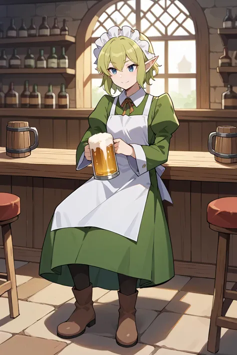 anime character sitting in a bar with a mug of beer