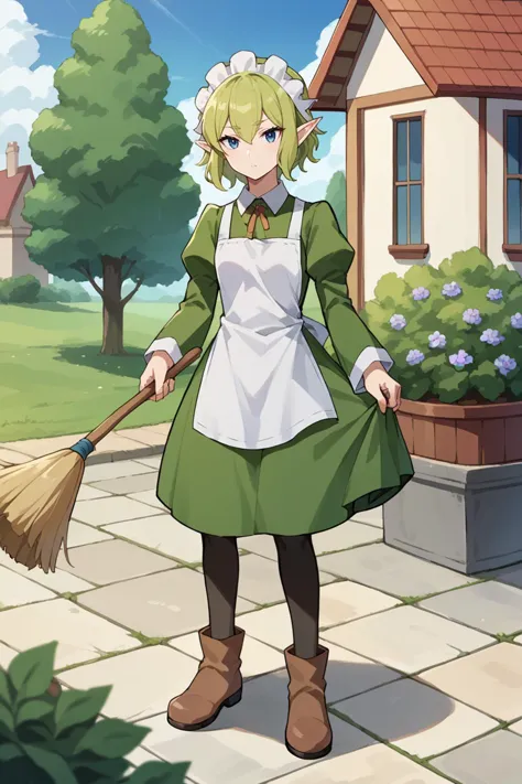 a woman in a green dress holding a broom in front of a house