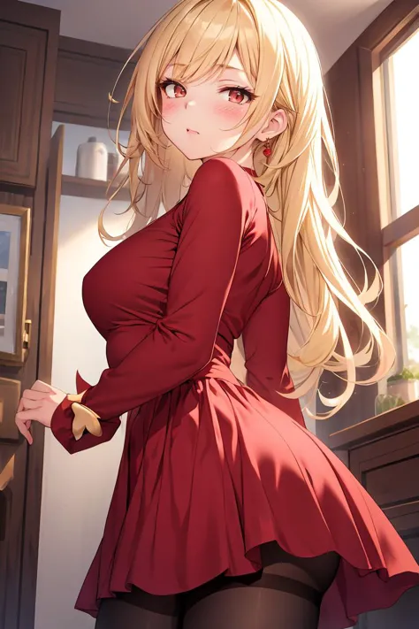 (masterpiece, best quality), 1girl, blonde hair, red dress, pantyhose, cute face, blush,