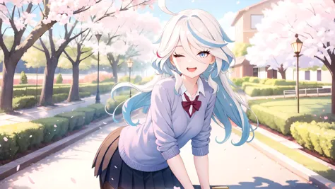 1girl,focalors \(genshin impact\) solo,school uniform,white shirt,sweater,pleated skirt,pantyhose,light smile,double v,looking at viewer,smile,open mouth,outdoors,street,cherry blossoms,petals,depth of field,masterpiece,
<lora:Char-Genshin-Furina-v2:0.9>,<lora:neg4all_bdsqlsz_V3.5:1>,