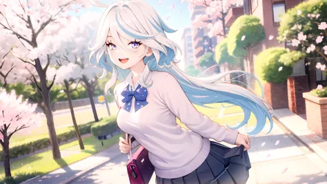 1girl,focalors \(genshin impact\) solo,school uniform,white shirt,sweater,pleated skirt,pantyhose,light smile,double v,looking at viewer,smile,open mouth,outdoors,street,cherry blossoms,petals,depth of field,masterpiece,
<lora:Char-Genshin-Furina-v2:0.9>,<lora:neg4all_bdsqlsz_V3.5:1>,