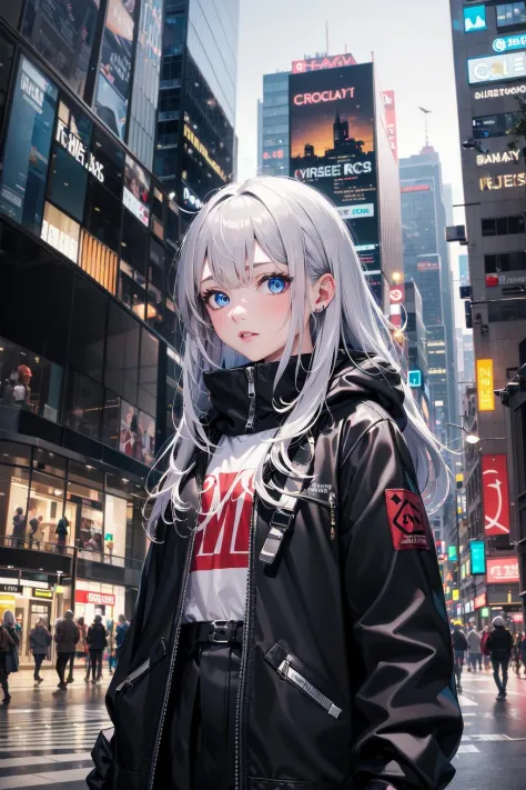 absurdres, highres,
1girl, random hair, random color eyes, shining eyes, silver hair, 
modern girl,
city,