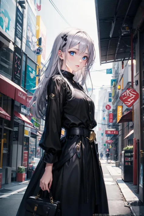 absurdres, highres,
1girl, random hair, random color eyes, shining eyes, silver hair, 
modern girl,
city,  
(official art, beaut...