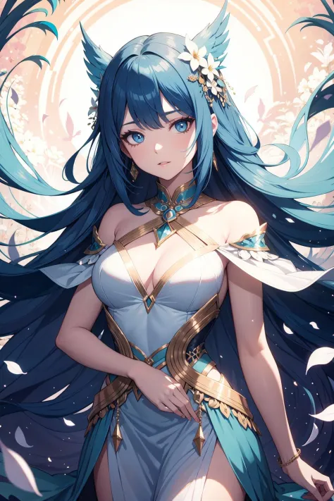 Craft an ethereal maiden adorned with intricate, shimmering patterns, her vibrant blue hair flowing amidst delicate blossoms, evoking a sense of otherworldly elegance,