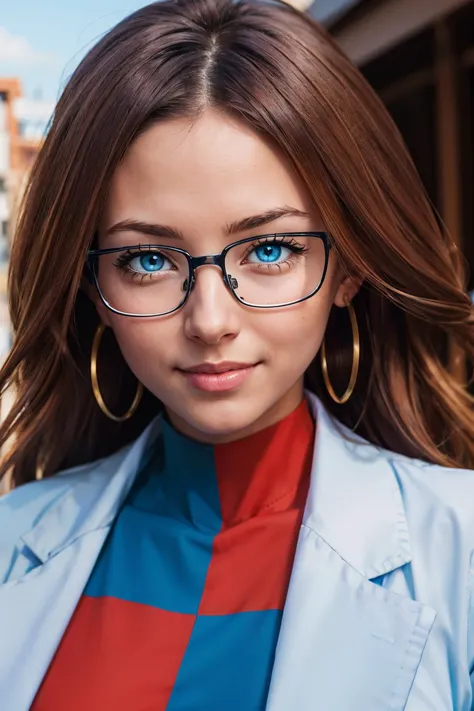 android 21, glasses, long brown hair, blue eyes, checkered dress, labcoat, looking at viewer,smiling, close up portrait, outside, cityscape, blue sky, high quality, masterpiece, <lora:GAME_android_21_aiwaifu69-10:.7>