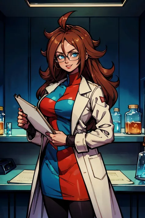 android 21, glasses, long brown hair, blue eyes, checkered dress, labcoat, pantyhose, looking at viewer, serious, smiling,standing, inside laboratory, monitors, holding clipboard, neon lighting, high quality, masterpiece,  <lora:GAME_android_21_aiwaifu69-10:.7>