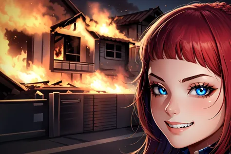 anime girl with red hair and blue eyes standing in front of a burning house