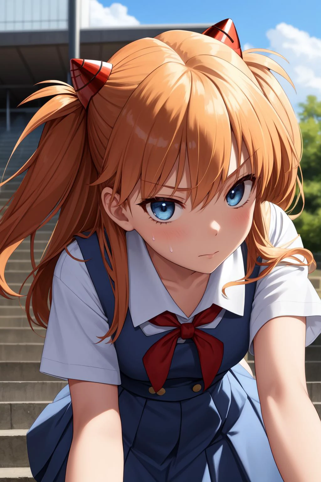 (masterpiece, best quality:1.2), (tsurime:1.2),
(face focus, face close-up, close-up face:1.2), tsurime, 1girl, souryuu asuka langley, solo, blue eyes, school uniform, looking at viewer, long hair, looking back, tokyo-3 middle school uniform, orange hair, white shirt, from behind, shirt, short sleeves, closed mouth, bangs, two side up, stairs, feet out of frame, white socks, suspender skirt, blue skirt, blue dress, outdoors, dress, hair ornament,
 